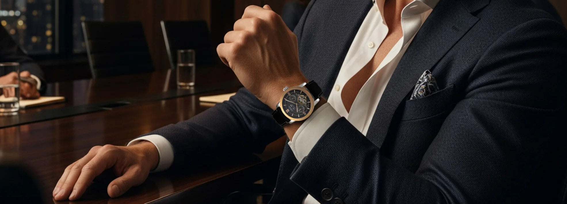 Man in a suit with a watch, sitting at a table in a dimly lit room.
