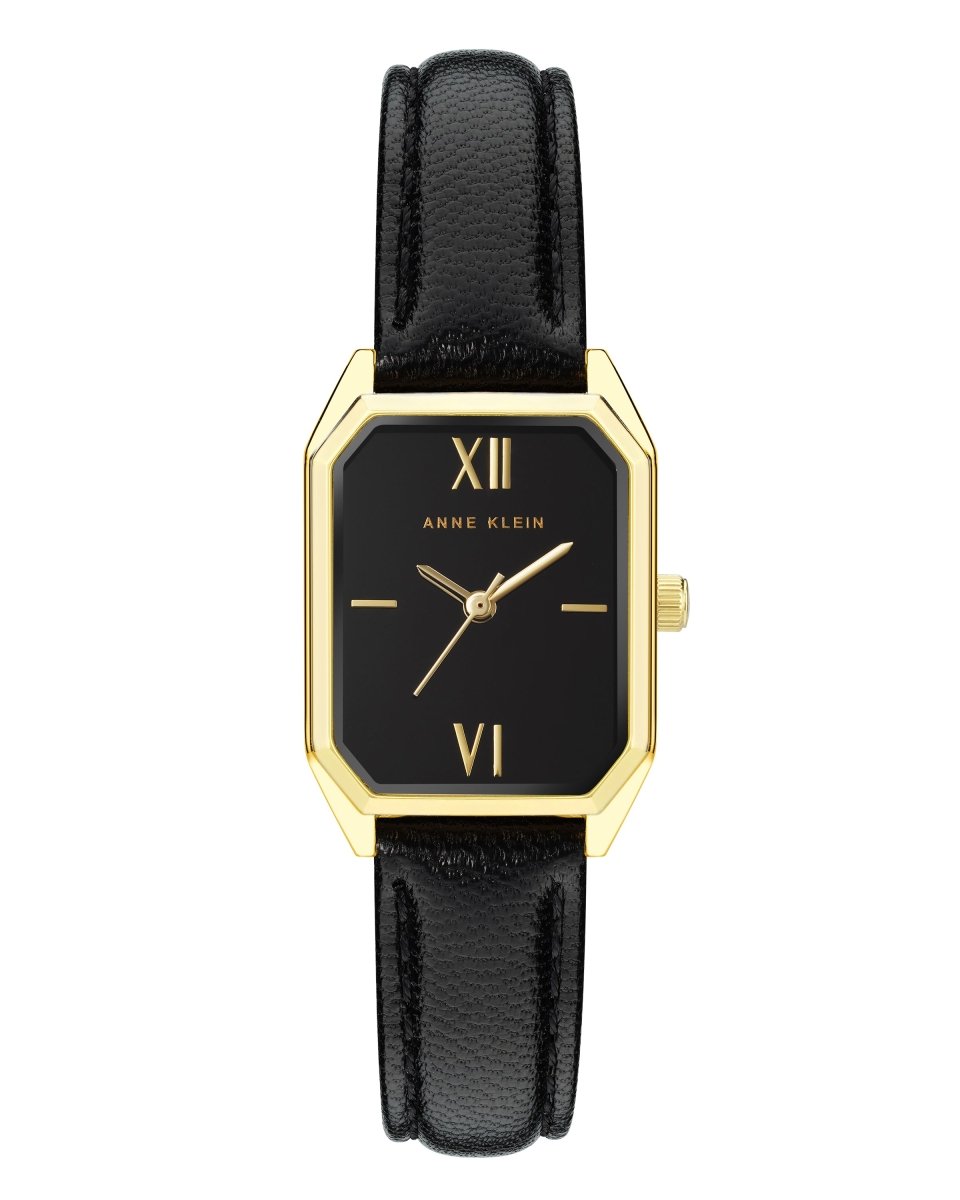 Orzu Watches - ANNE KLEIN Black Glossy Gold Tone Leather Octagon Watch – AK-3874BKBK