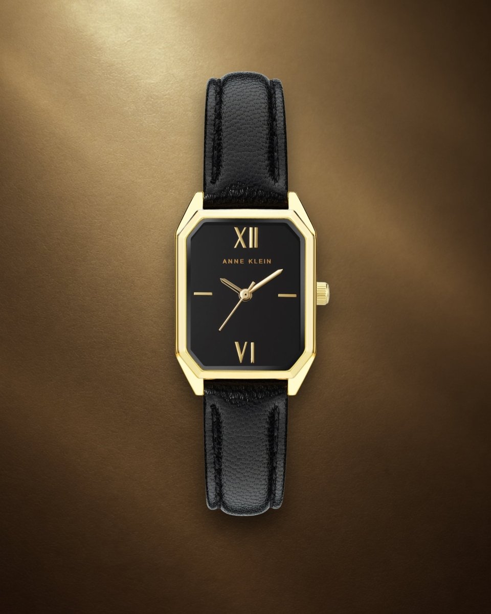 Orzu Watches - ANNE KLEIN Black Glossy Gold Tone Leather Octagon Watch