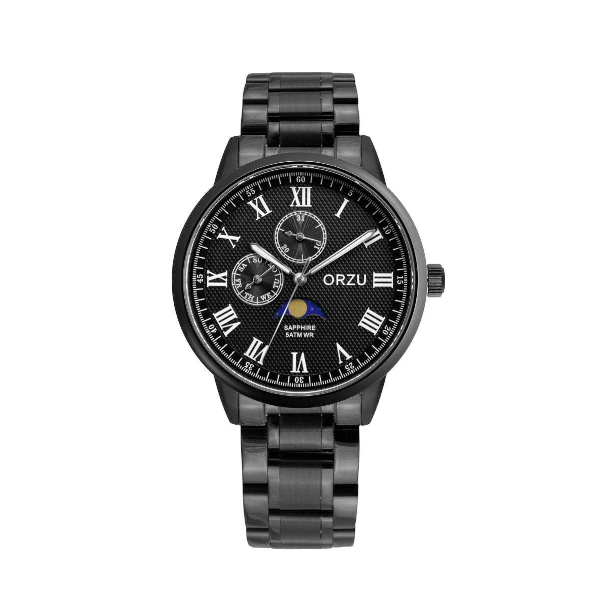 Orzu Watches - ORZU Multifunction Moon Phase Black Dial Men's Watch