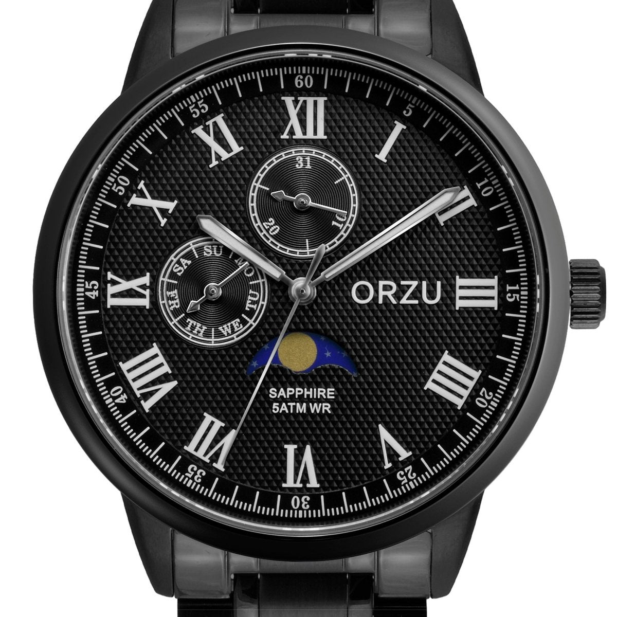 Orzu Watches - ORZU Multifunction Moon Phase Black Dial Men's Watch