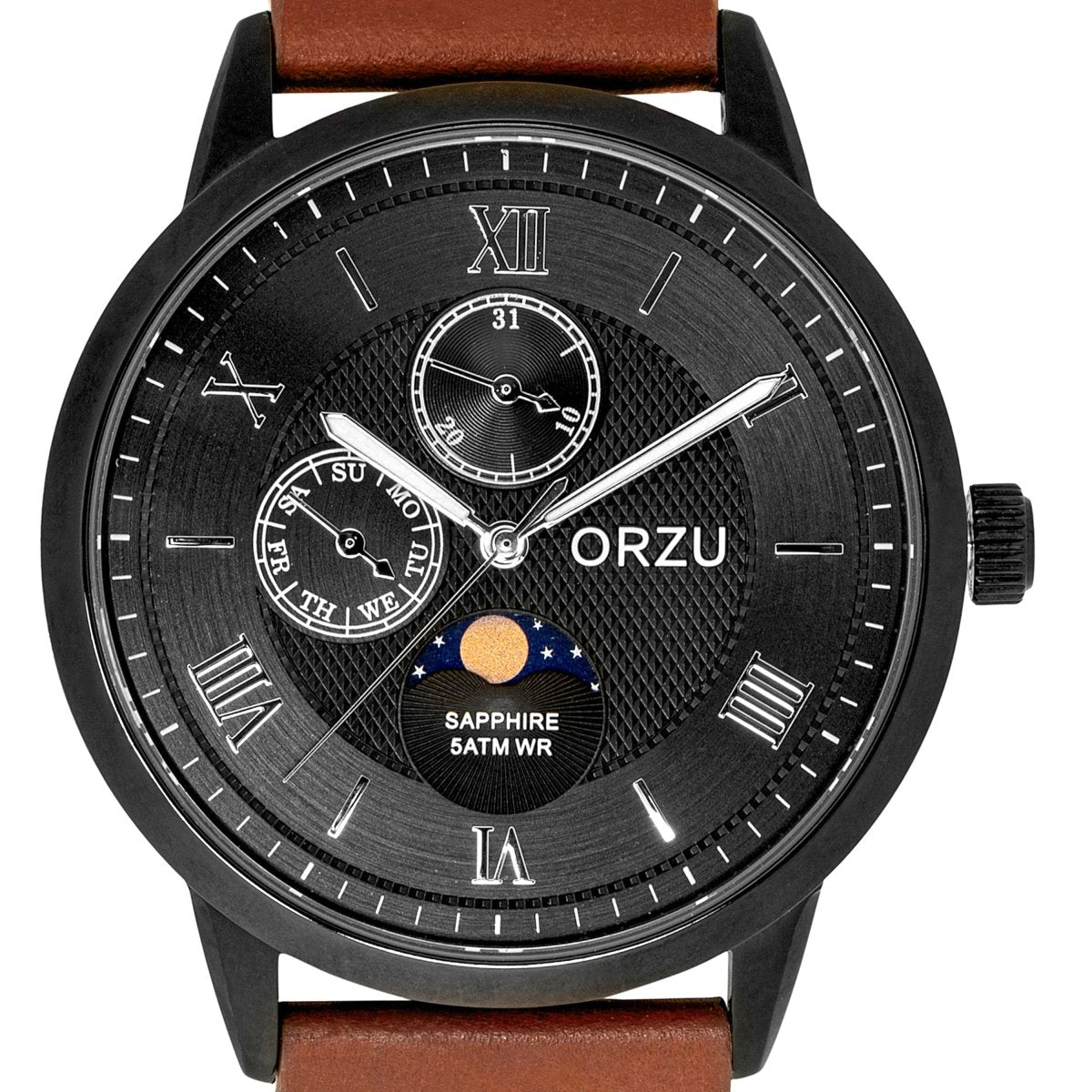 Orzu Watches - ORZU Multifunction Moon Phase Black Dial Men's Watch
