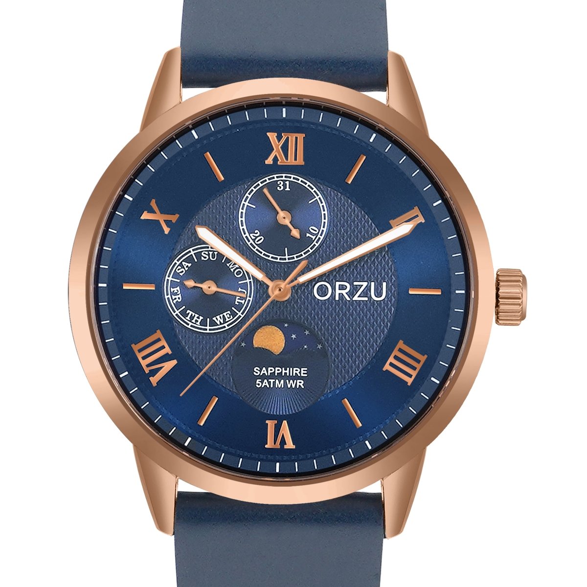 Orzu Watches - ORZU Multifunction Moon Phase Blue Dial Men's Watch