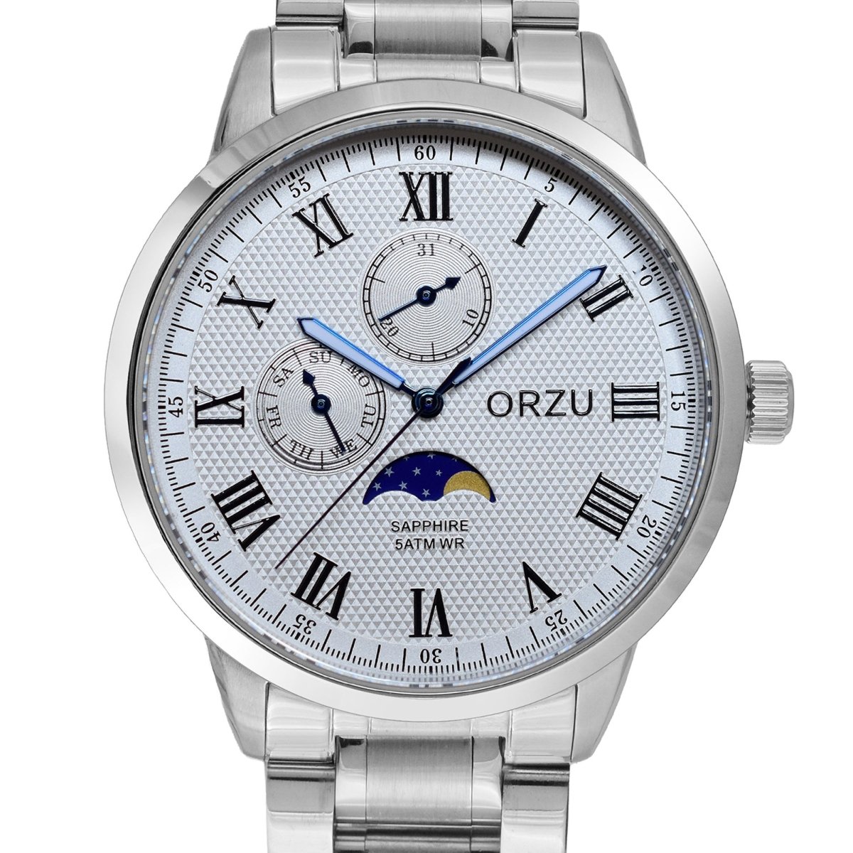 Orzu Watches - ORZU Multifunction Moon Phase White Dial Men's Watch