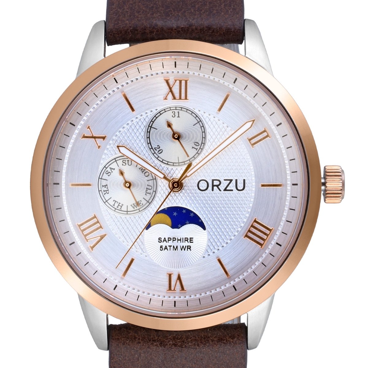 Orzu Watches - ORZU Multifunction Moon Phase White Dial Men's Watch
