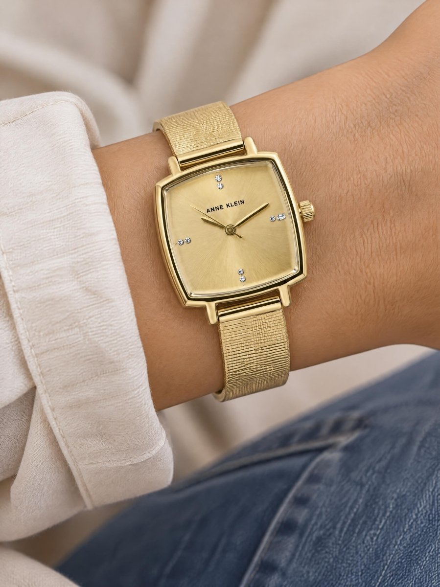 Orzu Watches - Anne Klein Beige Dial Gold Stainless Steel Mesh Women's Watch