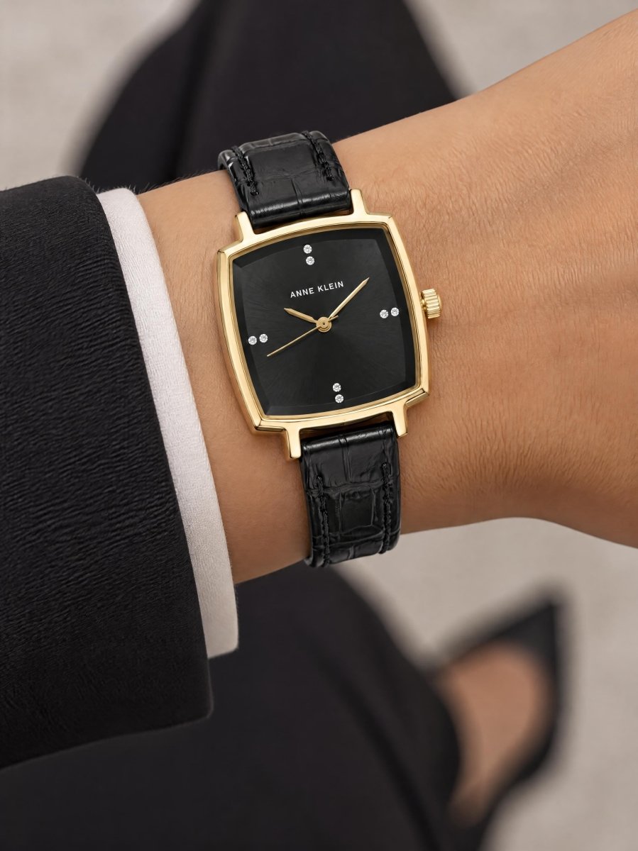 Orzu Watches - Anne Klein Black Dial Black Leather Women's Watch
