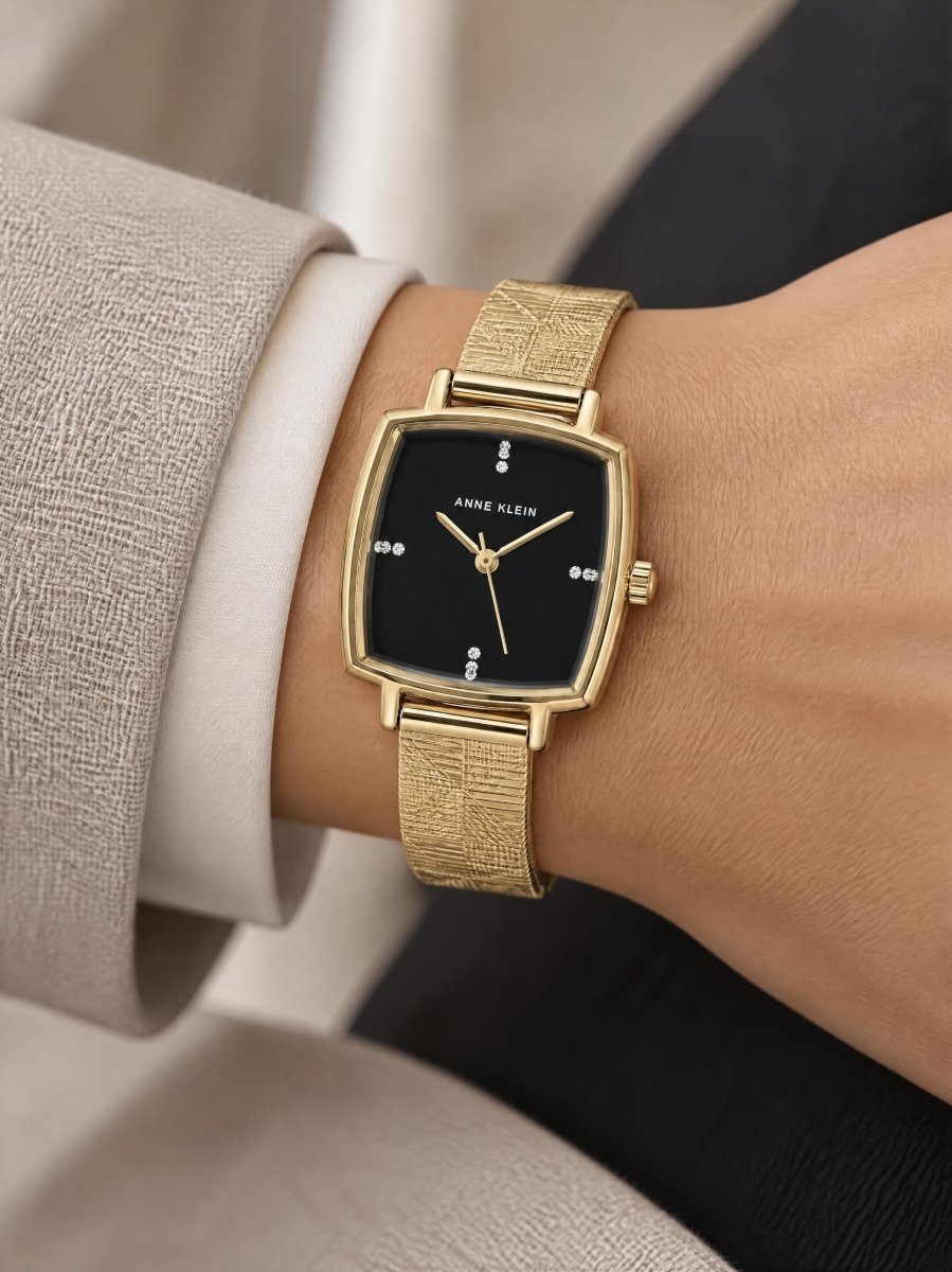 Orzu Watches - Anne Klein Black Dial Gold Stainless Steel Mesh Women's Watch