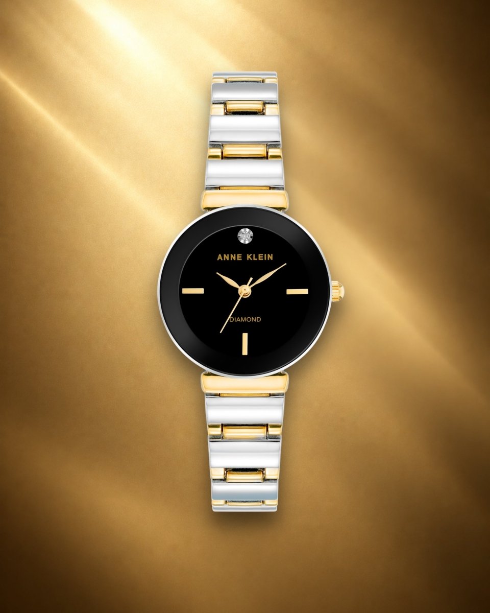 Orzu Watches - ANNE KLEIN Black Glossy Gold Two-Tone Metal Round Watch