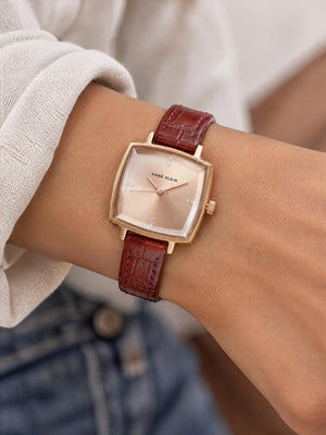 Orzu Watches - Anne Klein Rose Gold Dial Brown Leather Women's Watch