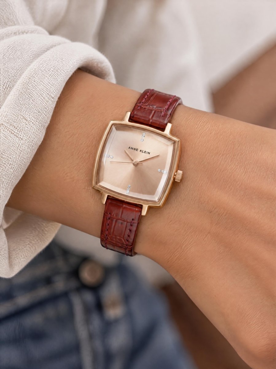 Orzu Watches - Anne Klein Rose Gold Dial Brown Leather Women's Watch