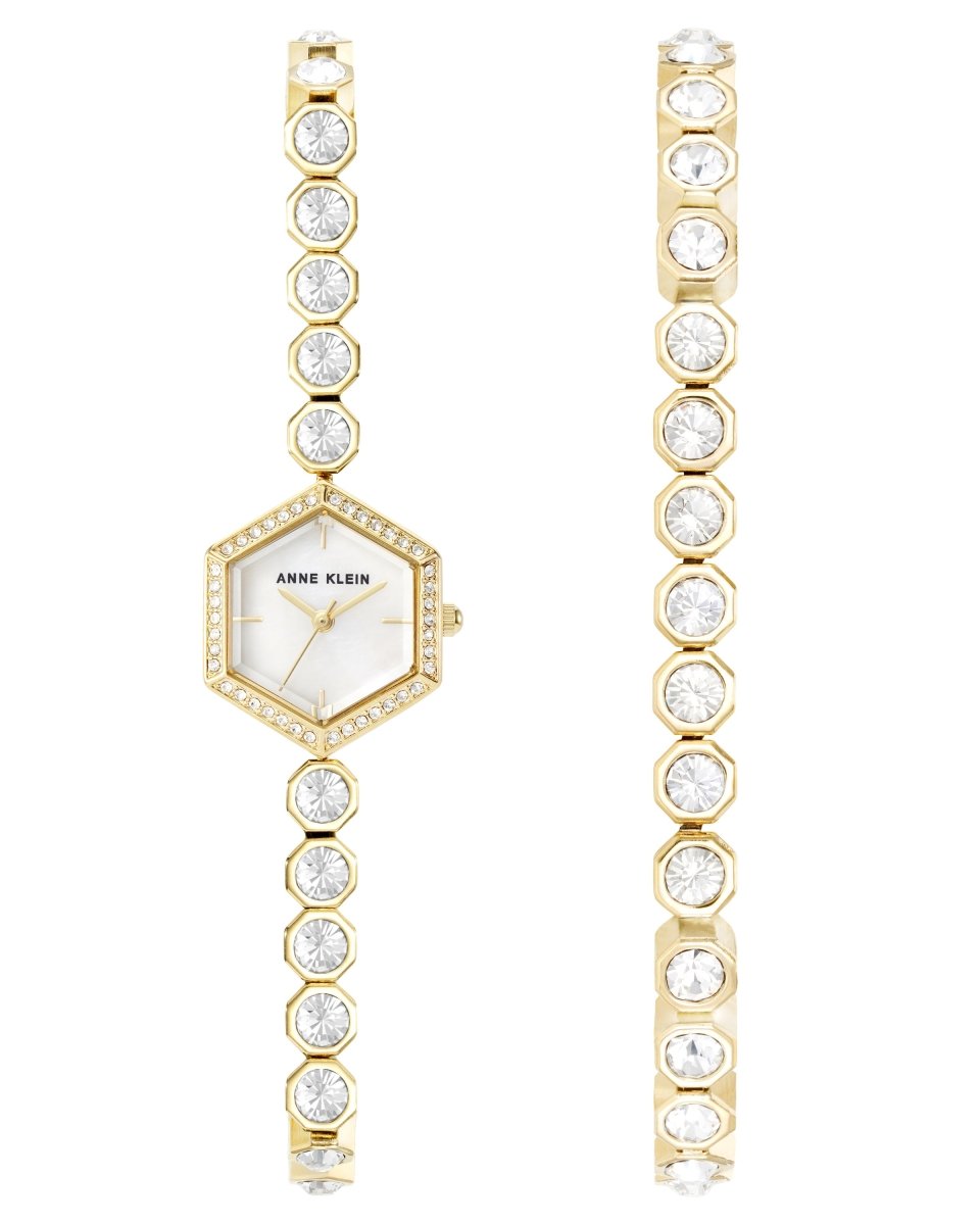 Orzu Watches - ANNE KLEIN White Mother-Of-Pearl Gold Tone Metal Hexagon Watch – AK-5434GPST
