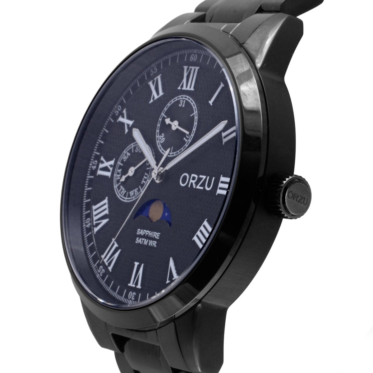 Orzu Watches - ORZU Multifunction Moon Phase Black Dial Men's Watch