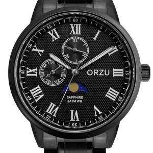 Orzu Watches - ORZU Multifunction Moon Phase Black Dial Men's Watch