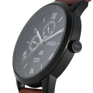 Orzu Watches - ORZU Multifunction Moon Phase Black Dial Men's Watch