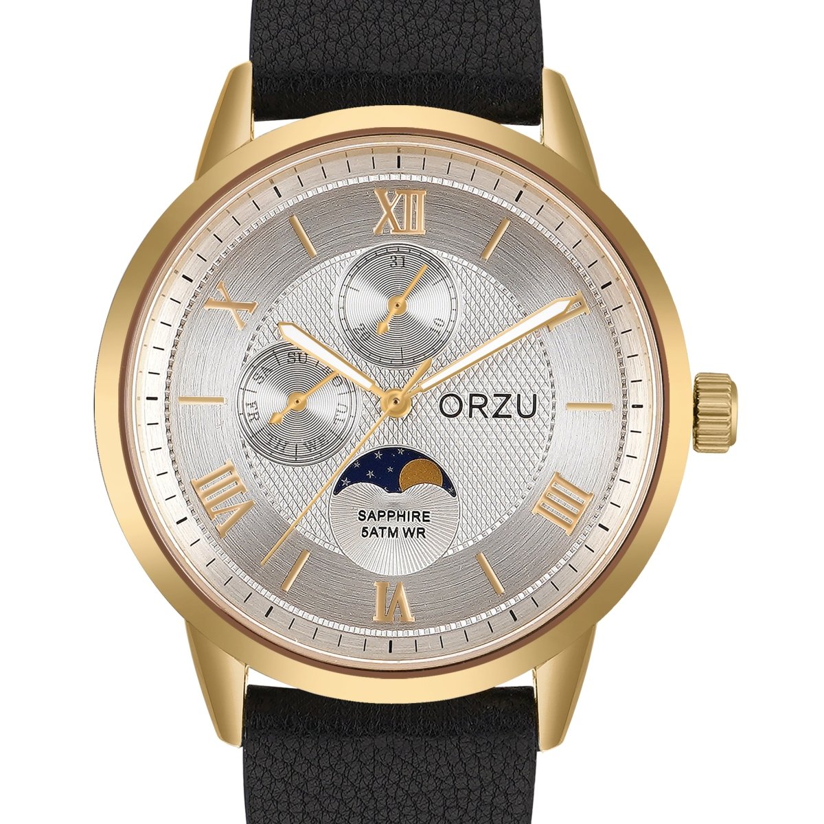 Orzu Watches - ORZU Multifunction Moon Phase Silver Dial Men's Watch