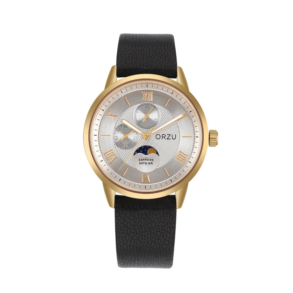 Orzu Watches - ORZU Multifunction Moon Phase Silver Dial Men's Watch